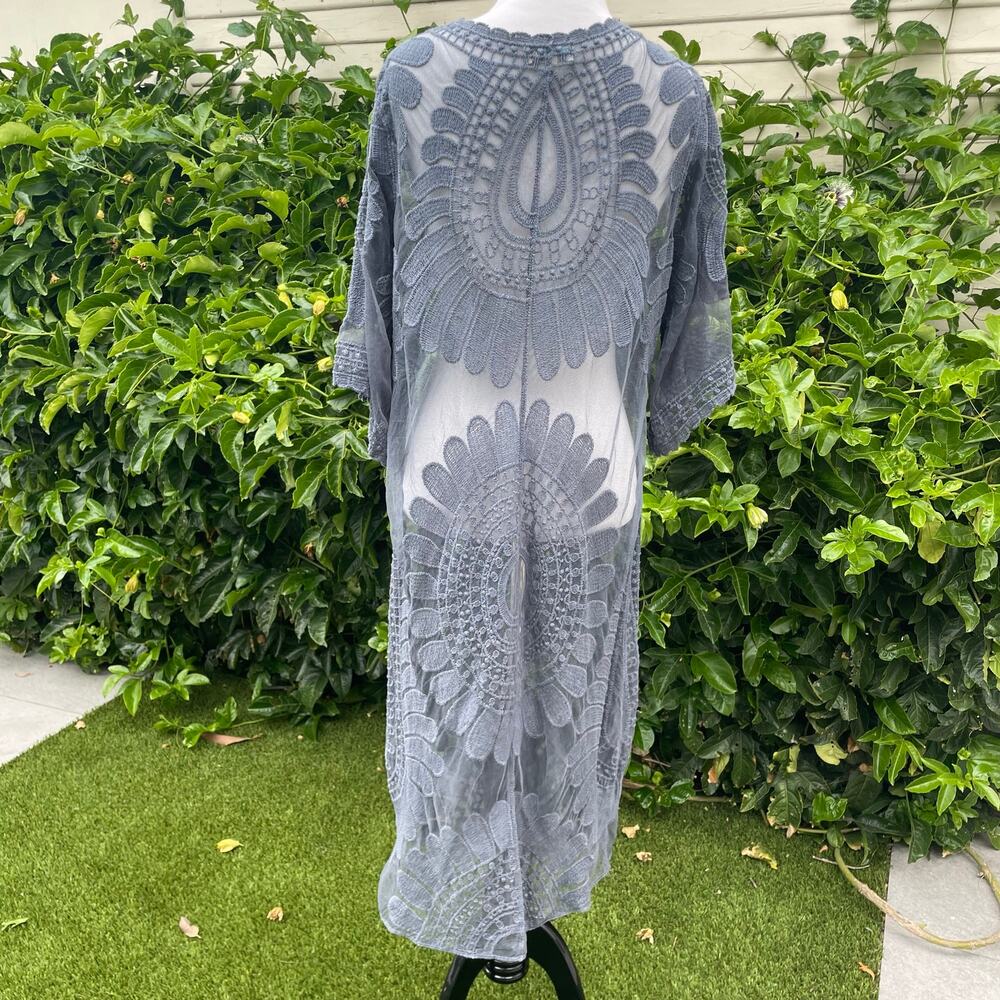 Rebellion Again Lace Kimono Gray Floral Embroidered Boho Size L Whimsical Fairy - Picture 3 of 8